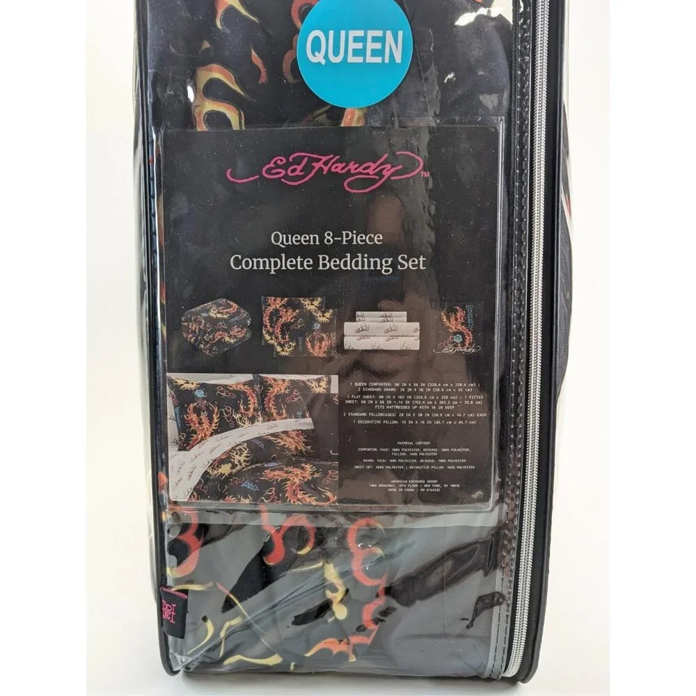 Ed Hardy Queen Roses Flames Black Comforter Set Shams, Pillow, Sheets